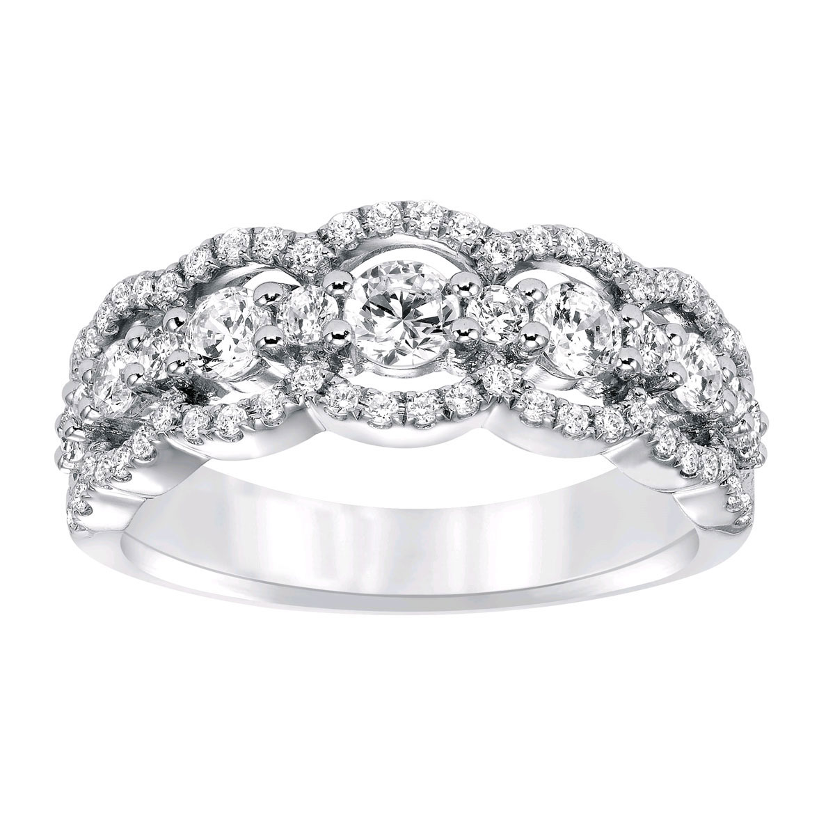 ArtCarved 3 Row Diamond Wedding Band with Scalloped Edge in White Gold