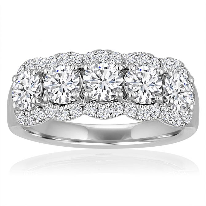 White Gold Diamond 5 Stone Scalloped Halo Wedding Band