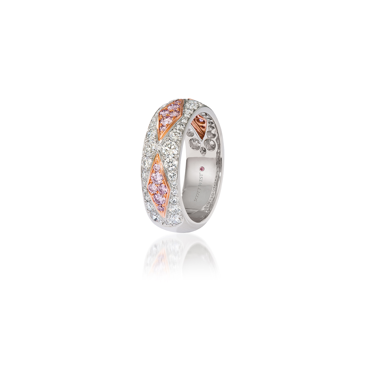L.J. West Pink & White Argyle Pattern Half Wedding Band in Platinum & Rose Gold