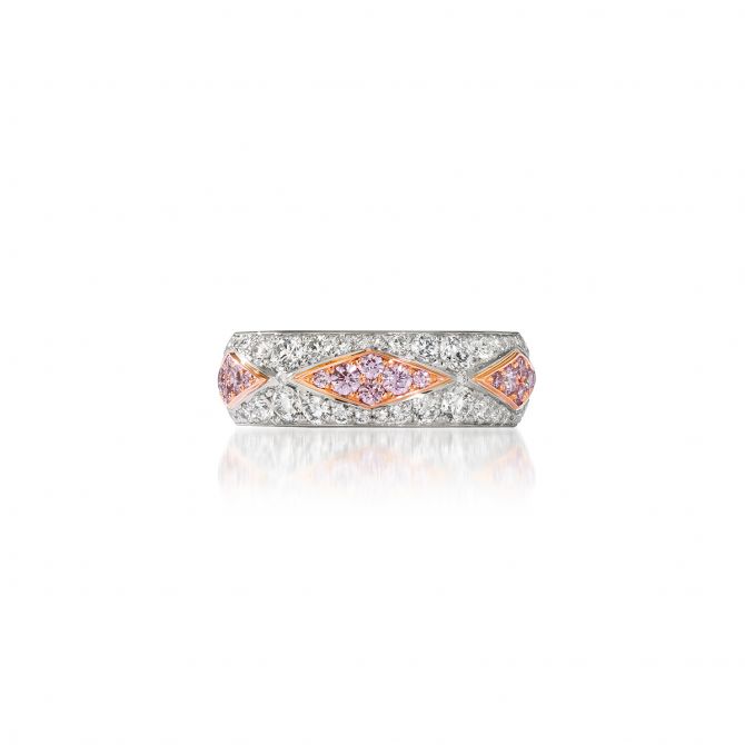 L.J. West Pink & White Argyle Pattern Half Wedding Band in Platinum & Rose Gold