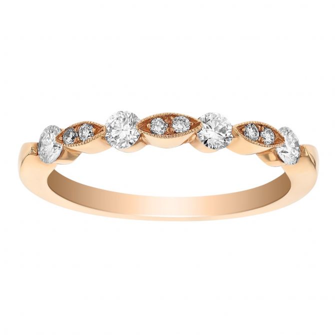 Round Diamond & Milgrain Marquise Pattern Wedding Band in Rose Gold, 0.36 cttw