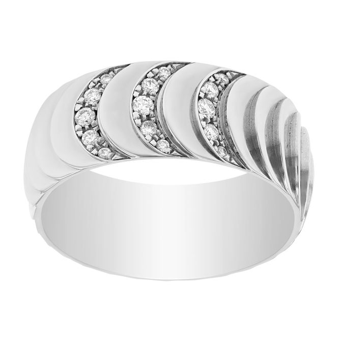Furrer-Jacot Diamond Crescent Trio Scalloped Texture Wedding Band in White Gold