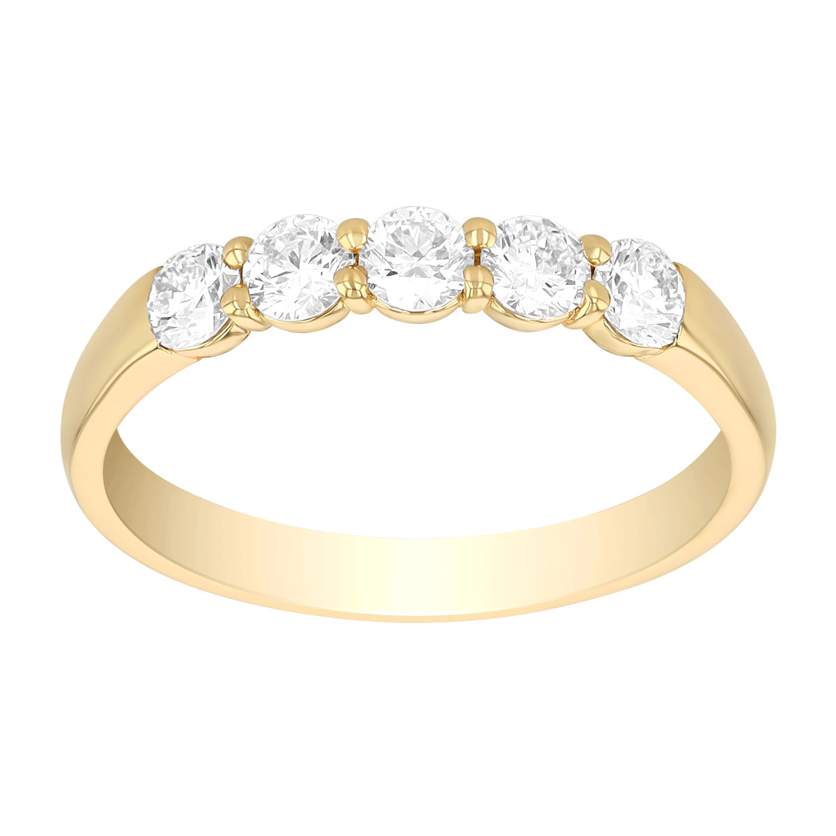 Precision Set Round Diamond 5 Stone Shared Prong Wedding Band in Yellow Gold