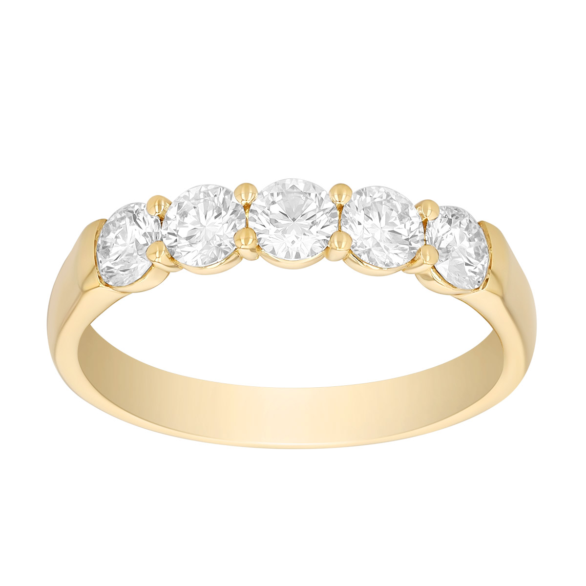 Precision Set Round Diamond 5 Stone Shared Prong Wedding Band in Yellow Gold, 0.75 cttw