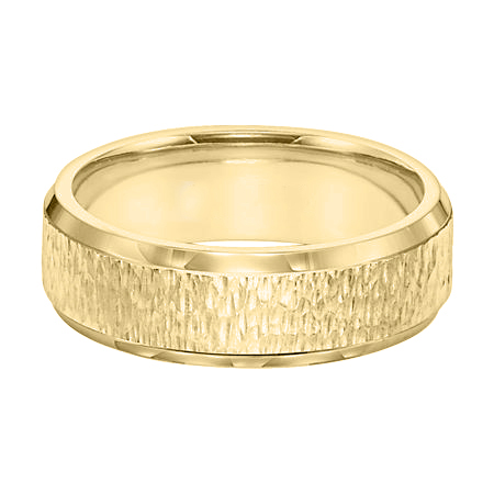 Yellow Gold Comfort Fit Hammered Wedding Band with Beveled Edge, Size 7