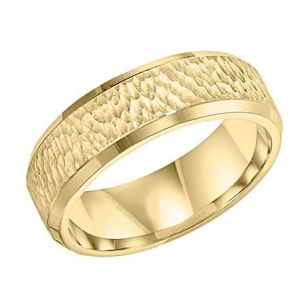 Yellow Gold Comfort Fit Hammered Wedding Band with Beveled Edge, Size 7