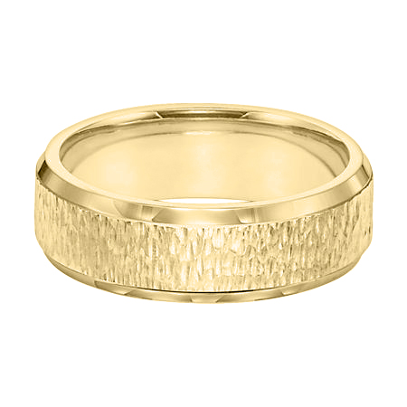 Yellow Gold Hammered Beveled Edge Comfort Fit Wedding Band, Size 7.5