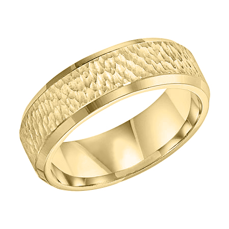 Yellow Gold Hammered Beveled Edge Comfort Fit Wedding Band, Size 7.5