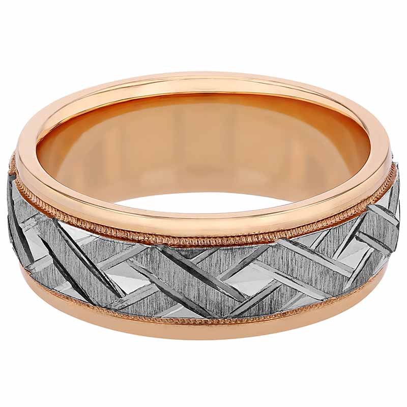 ArtCarved White & Rose Gold Criss Cross Center Wedding Band with Milgrain Edge, Size 7