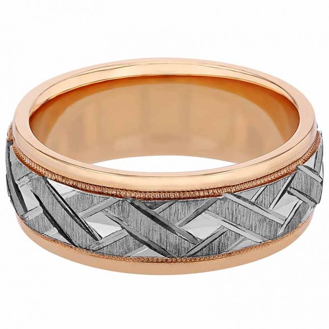 ArtCarved White & Rose Gold Criss Cross Center Wedding Band with Milgrain Edge, Size 7