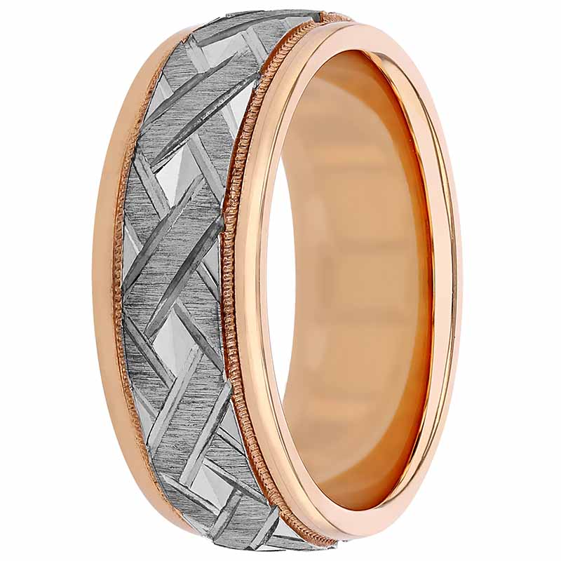 ArtCarved White & Rose Gold Criss Cross Center Wedding Band with Milgrain Edge, Size 7