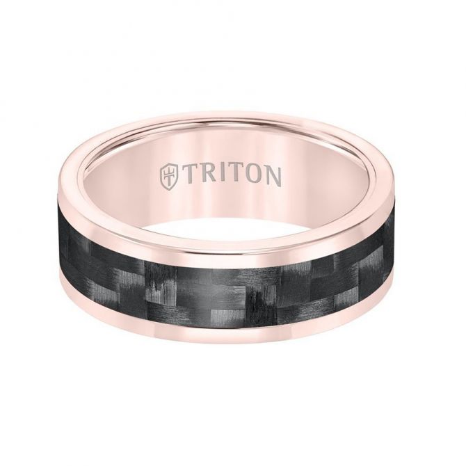 Rose Tungsten & Black Carbon Fiber Woven Pattern Flat Comfort Fit 8 mm Wedding Band, Size 8.5