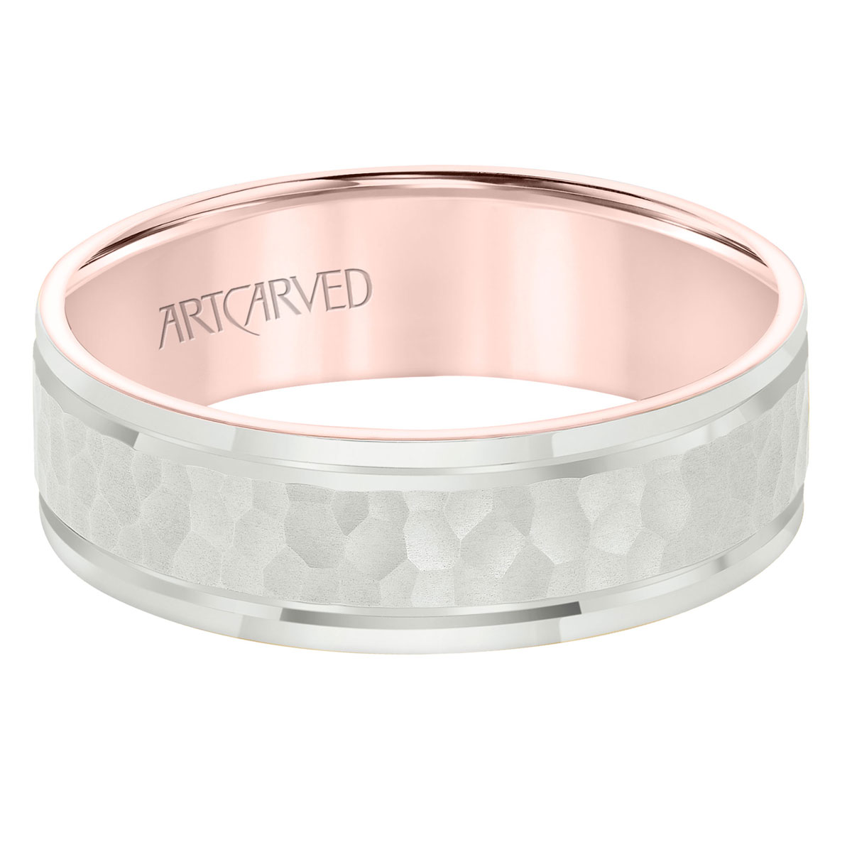 ArtCarved Rose & White Gold Hammered 6.5 mm Wedding Band