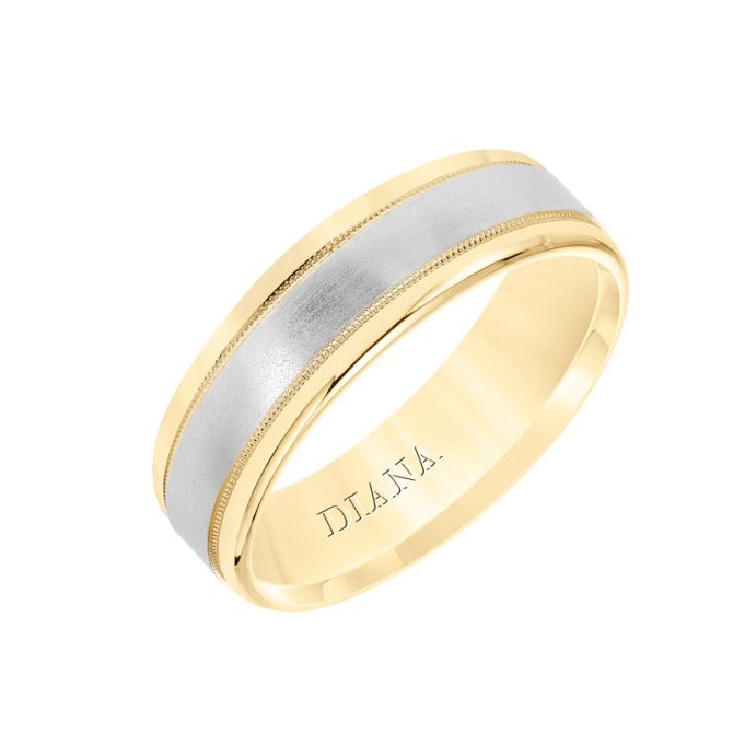 Two Tone Comfort Fit 6.35 mm Wedding Band with Satin Center & Milgrain, Size 6.75
