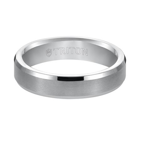 Grey Tungsten Satin Center & Beveled Edge 4 mm Comfort Fit Wedding Band, Size 8.5