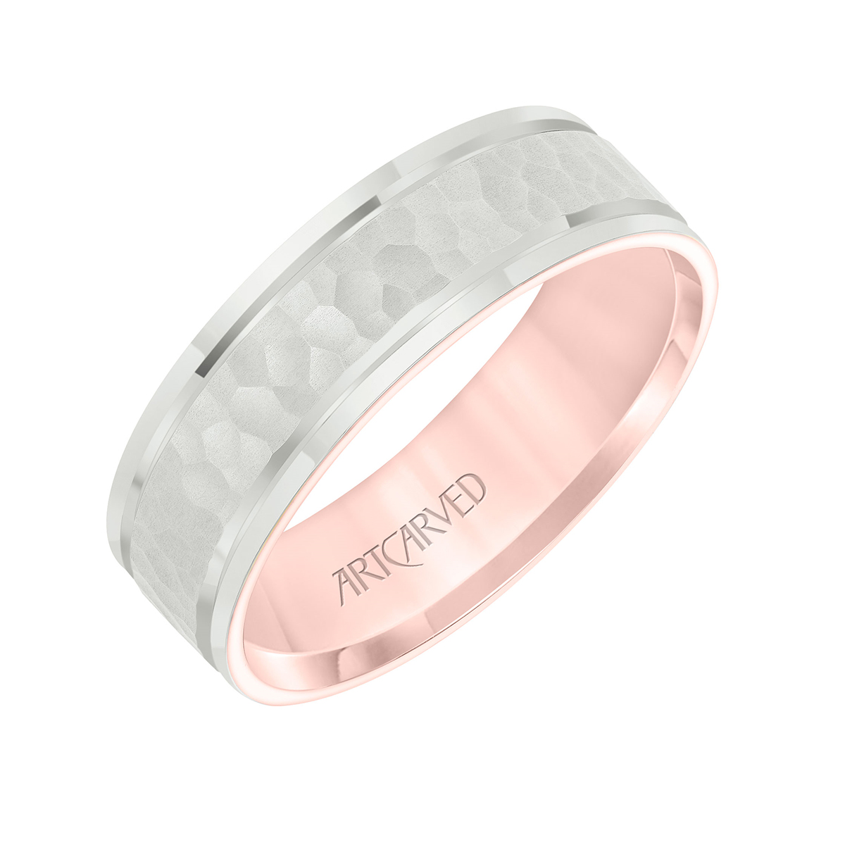 ArtCarved Rose & White Gold Hammered 6.5 mm Wedding Band, Size 7.5