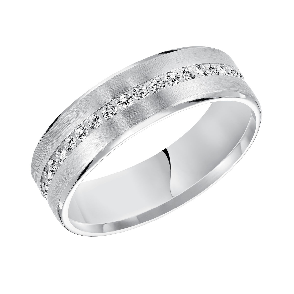 Diamond Channel Set Satin Finish Wedding Band in White Gold, Size 7