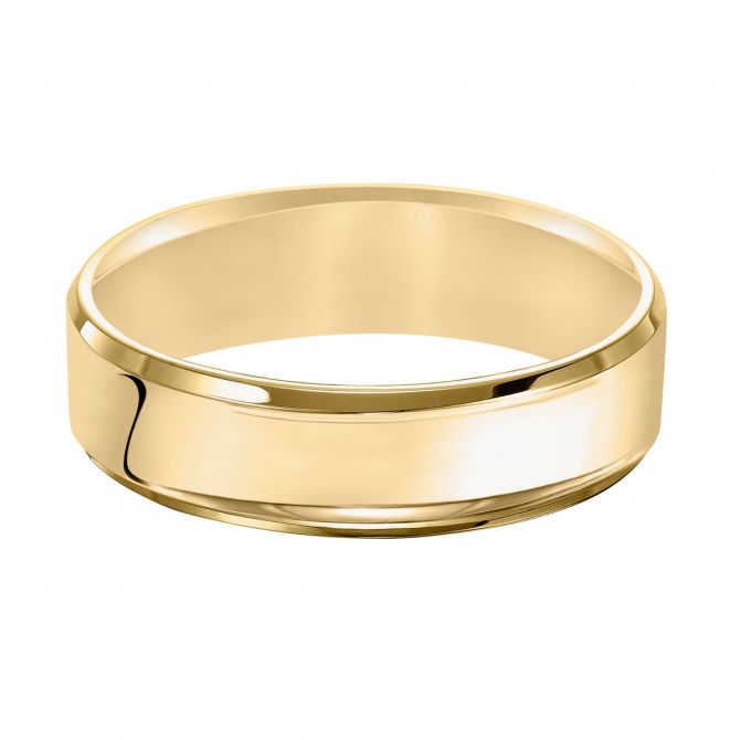 6 mm Comfort Fit Flat Wedding Band with Beveled Edge in Yellow Gold, Size 5