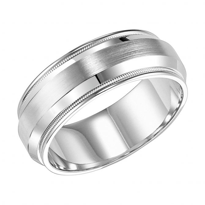 8 mm Comfort Fit Wedding Band with Satin Center & Polished Milgrain Edge in White Gold, Size 10