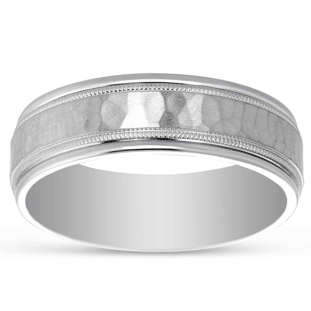 14K White Gold Hammered Milgrain Wedding Band, 6.5mm