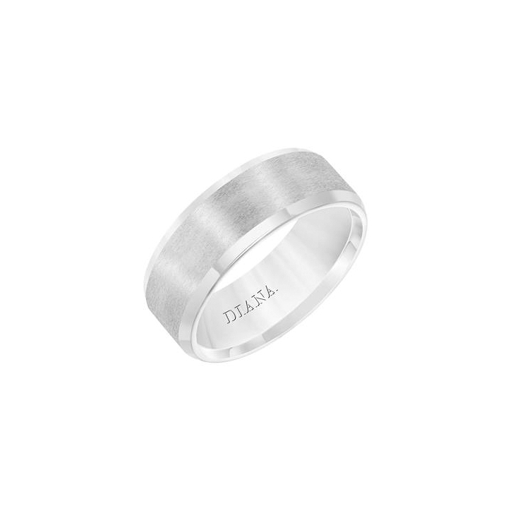 White Gold 8 mm Comfort Fit Brushed Finish Beveled Wedding Band, Size 10