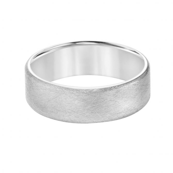 7 mm Comfort Fit Flat Wedding Band with Brushed Finish in White Gold, Size 10