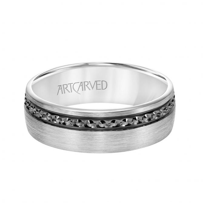 ArtCarved White Gold Comfort Fit Satin 7 mm Wedding Band with Textured Black Rhodium Stripe, Size 10