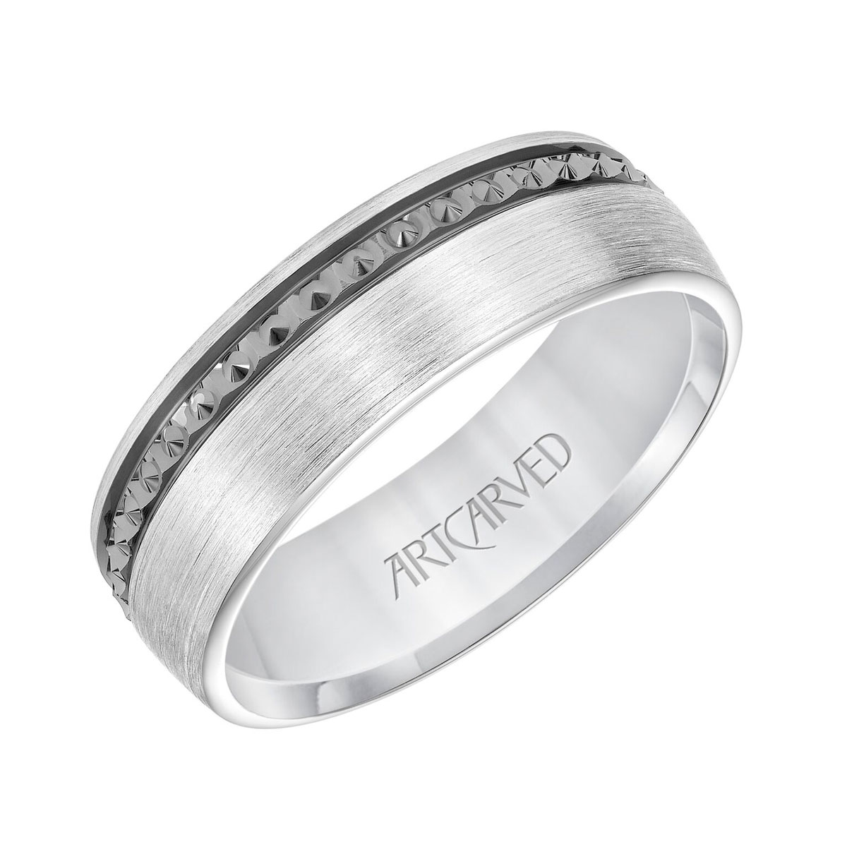 ArtCarved White Gold Comfort Fit Satin 7 mm Wedding Band with Textured Black Rhodium Stripe, Size 10