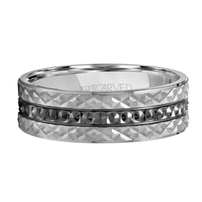 ArtCarved Diamond & Spike Pattern 7 mm Wedding Band in White Gold with Black Rhodium, Size 10