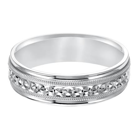White Gold Milgrain & Engraved Pattern 6 mm Comfort Fit Wedding Band, Size 10.5