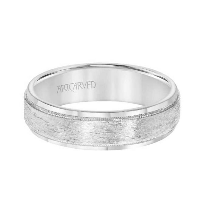 ArtCarved White Gold 6 mm Wedding Band with Crystalline Finish & Milgrain, Size 10