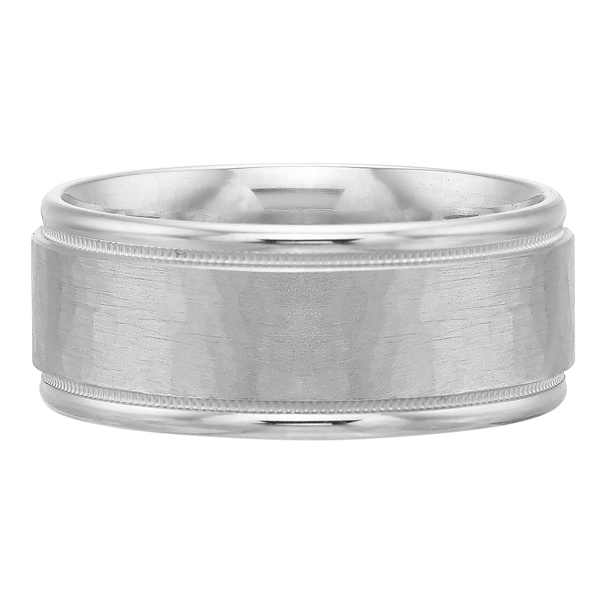 Platinum 9 mm Hammered Flat Wedding Band with Milgrain Edge