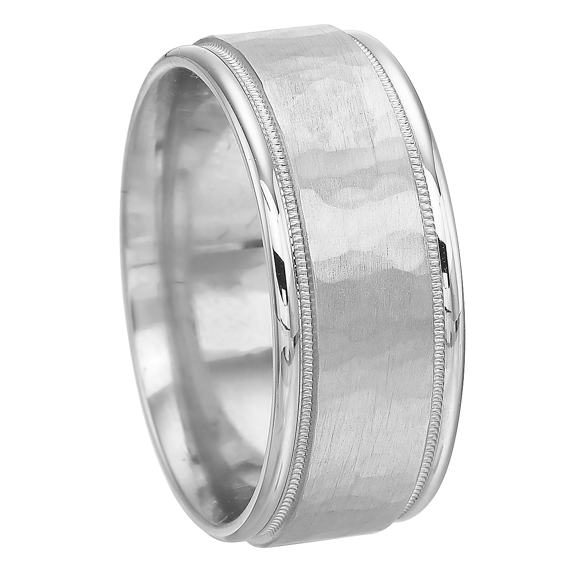 Platinum 9 mm Hammered Flat Wedding Band with Milgrain Edge