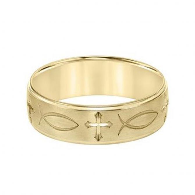14K Yellow Gold 7mm Comfort Fit Cross & Fish Wedding Band, Size 10