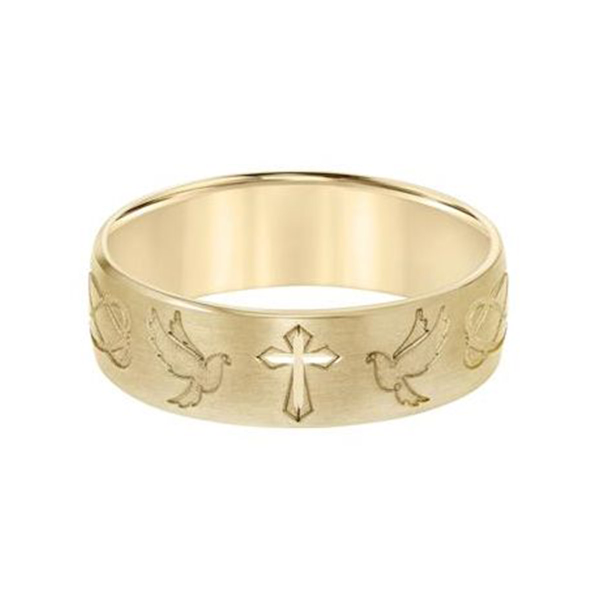 14K Yellow Gold 7mm Comfort Fit Cross & Dove Wedding Band, Size 10