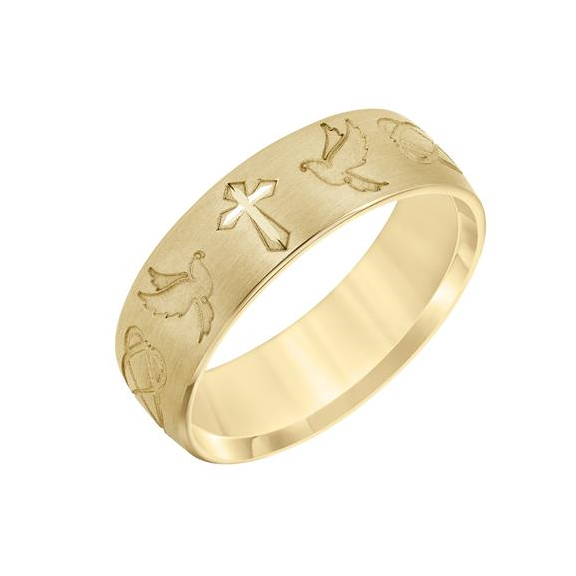 14K Yellow Gold 7mm Comfort Fit Cross & Dove Wedding Band, Size 10