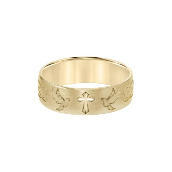 14K Yellow Gold 7mm Comfort Fit Cross & Dove Wedding Band, Size 10