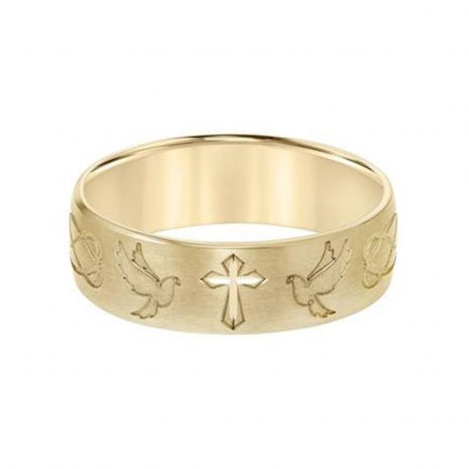 14K Yellow Gold 7mm Comfort Fit Cross & Dove Wedding Band, Size 10