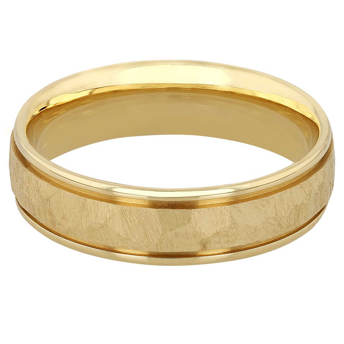Furrer-Jacot Yellow Gold Hammered Satin Center 6 mm Wedding Band, Size 10