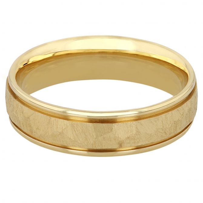 Furrer-Jacot Yellow Gold Hammered Satin Center 6 mm Wedding Band, Size 10