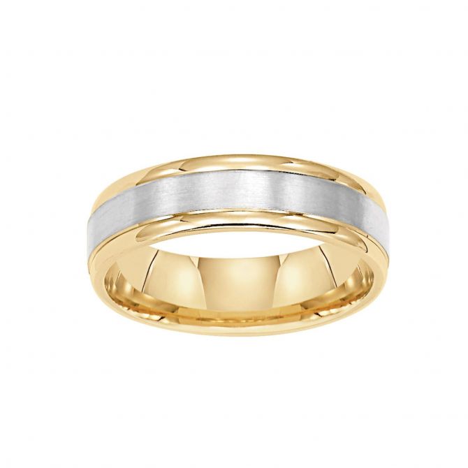 6 mm Comfort Fit Wedding Band with White Gold Satin Center & Yellow Gold Edge, Size 10