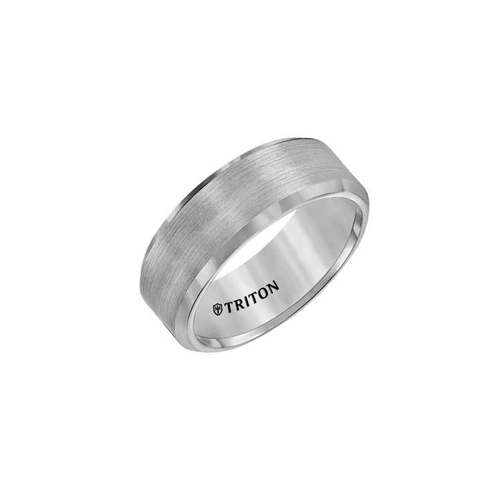 Tungsten Comfort Fit Satin Wedding Band With Beveled Edge, Size 10