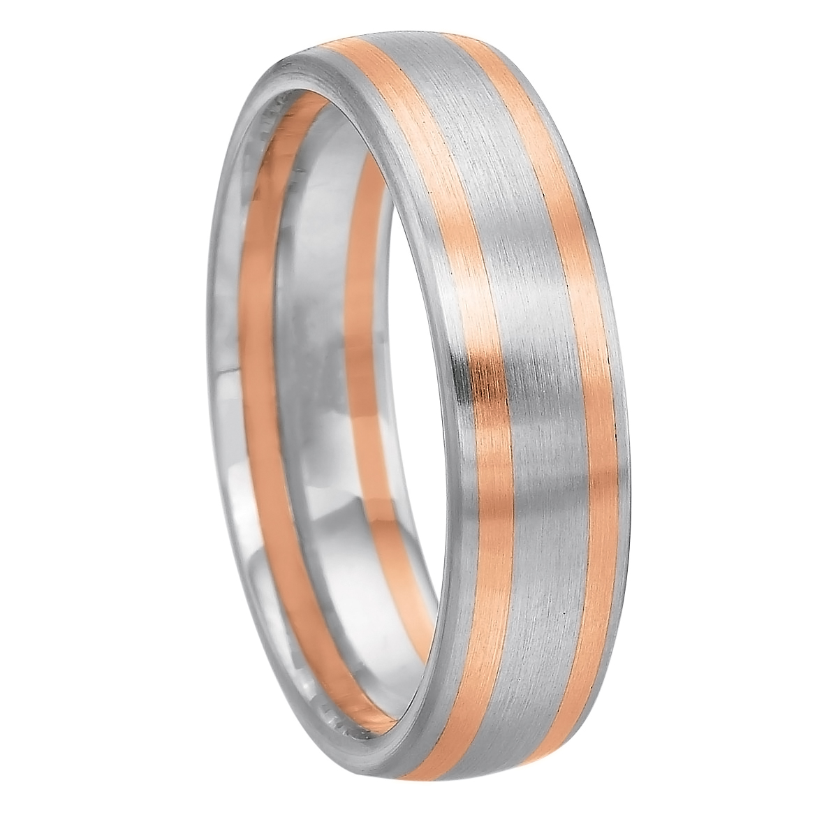 Rose & White Gold 6 mm Brushed 2 Stripe Wedding Band, Size 10