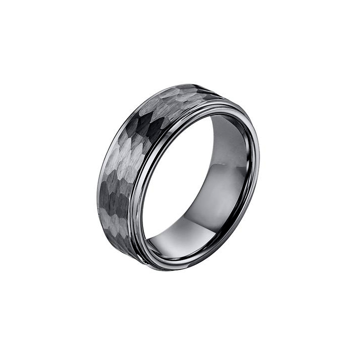 Black Tungsten Hammered Wedding Band With Step Edge