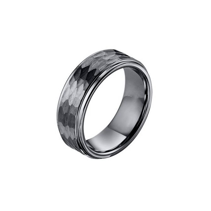 Black Tungsten Hammered Wedding Band With Step Edge