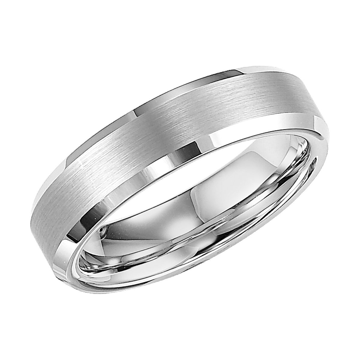 White Tungsten 6 mm Comfort Fit Wedding Band with Satin Center and Beveled Edge, Size 9