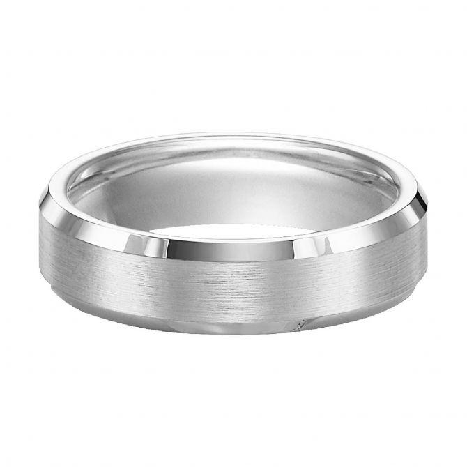 White Tungsten 6 mm Comfort Fit Wedding Band with Satin Center and Beveled Edge, Size 11