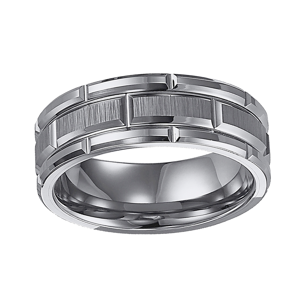 Tungsten 8 mm Comfort Fit Beveled Brick Pattern Wedding Band, Size 10