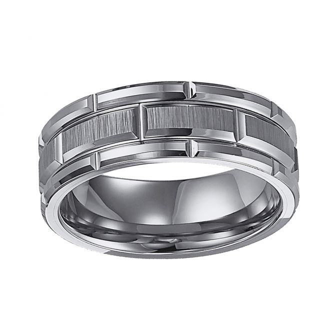 Tungsten 8 mm Comfort Fit Beveled Brick Pattern Wedding Band, Size 10