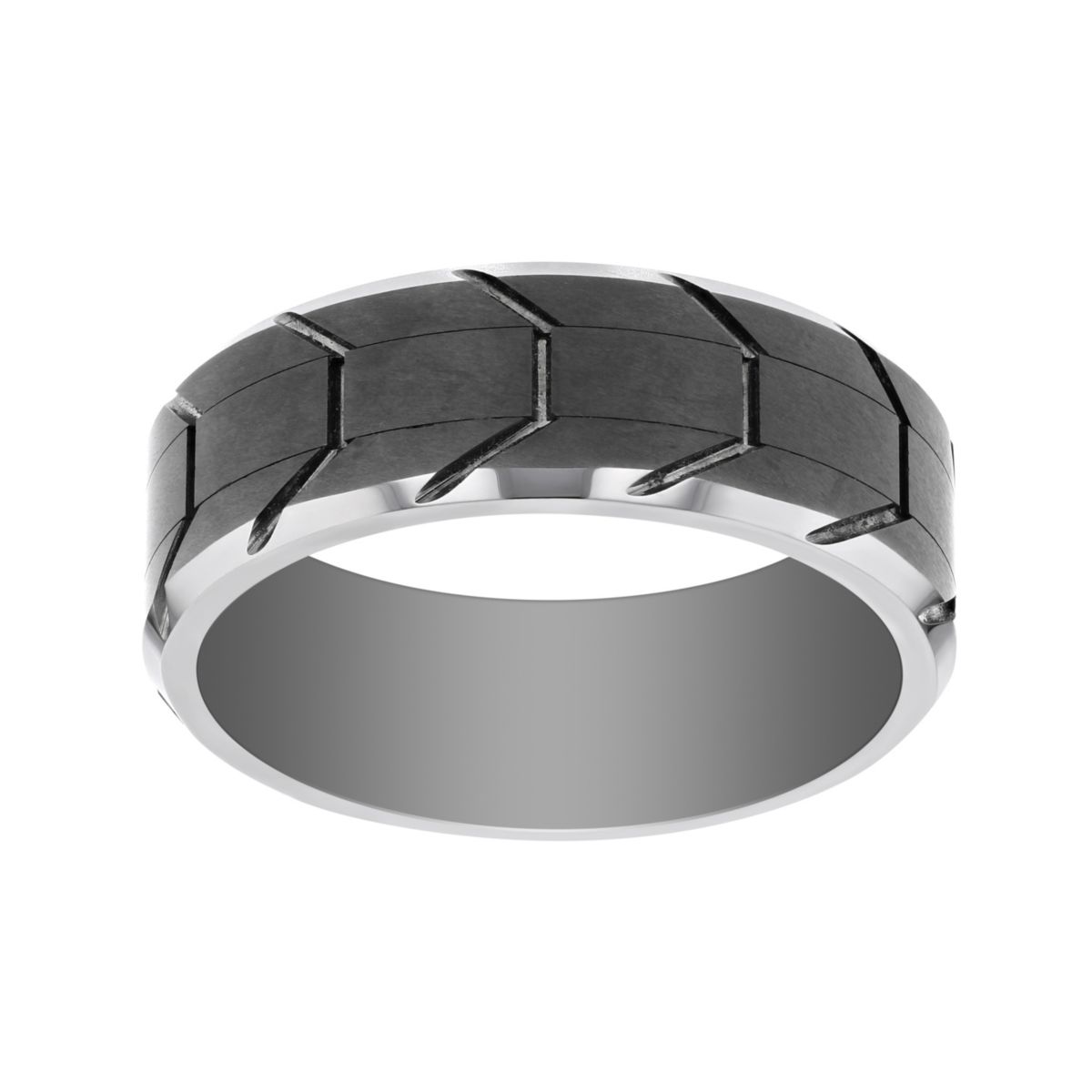 Grey Tungsten 8 mm Tread Pattern Wedding Band, Size 10